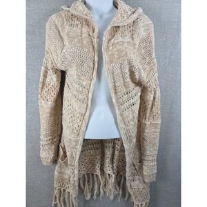 Mudd L Marled Flyaway‎ Hooded Fringed Sweater Pockets Open Knit Boho Crochet Y2K